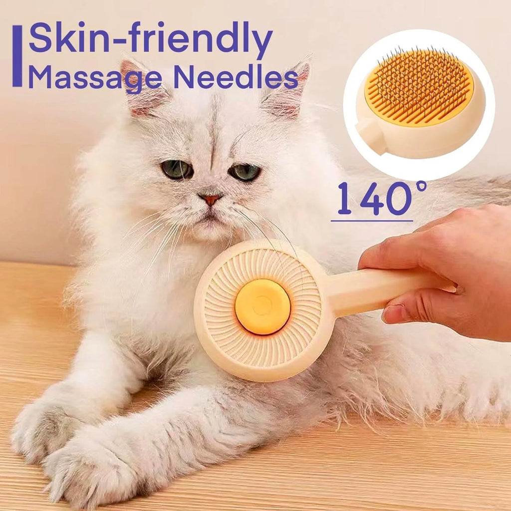 Blue pet grooming brush with angled metal bristles and self-cleaning button for cats and dogs