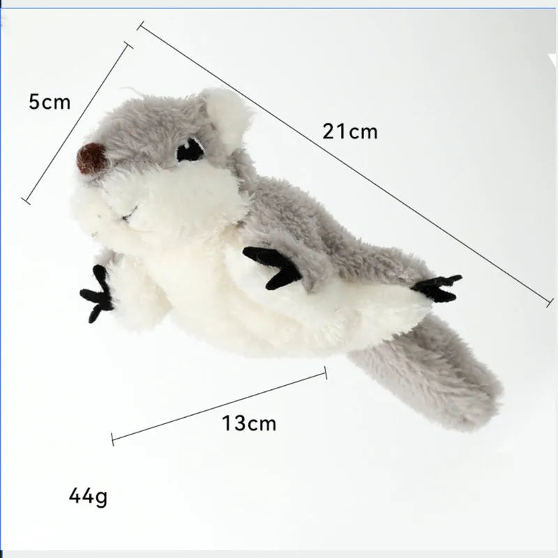 Gray flapping squirrel cat toy with wings open, USB rechargeable, containing catnip
