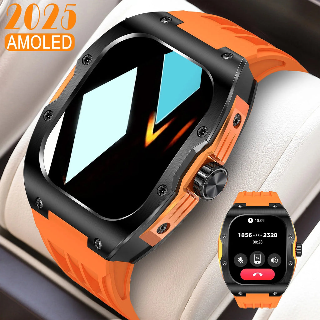 AMOLED smart watch for men with black and blue tape tab strap, showing Bluetooth calling and fitness tracking features.