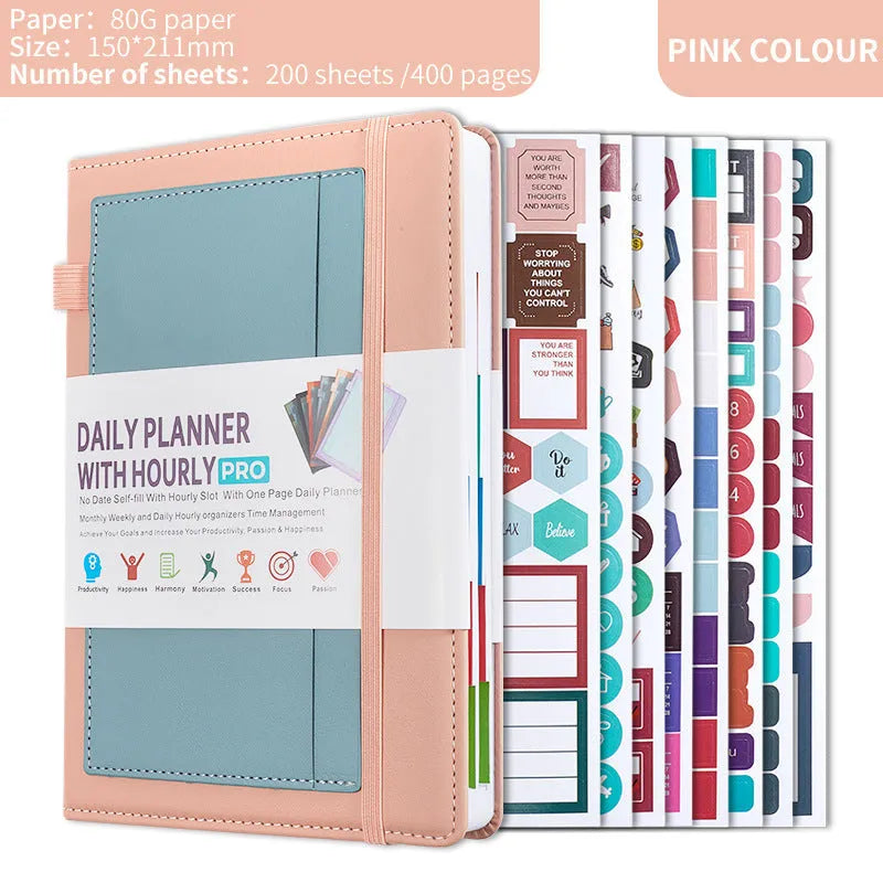 A5 notebook with PU cover, open to show no-date strap and thread binding, with planning stickers.