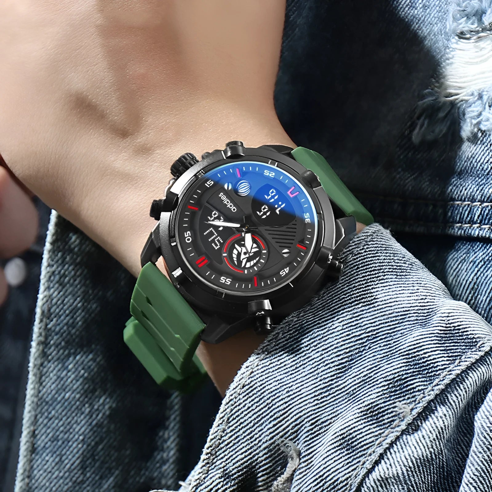 Fashion men sports water luminous metal watch with 46mm round dial and silicone strap