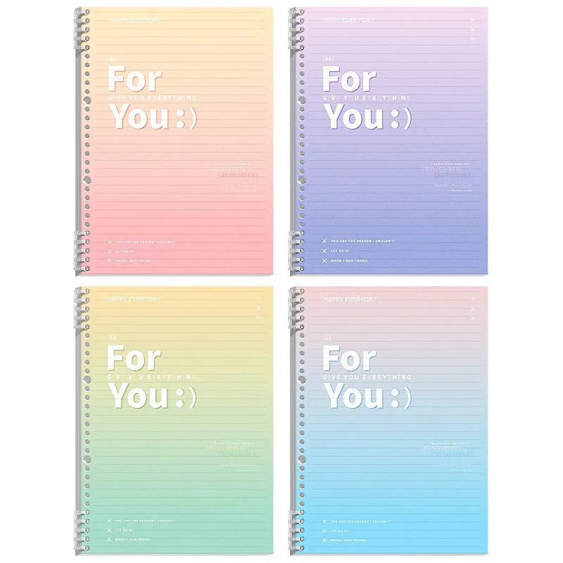 Removable coil notebook with gradient coloured PP plastic cover in blue, green, pink, or purple.