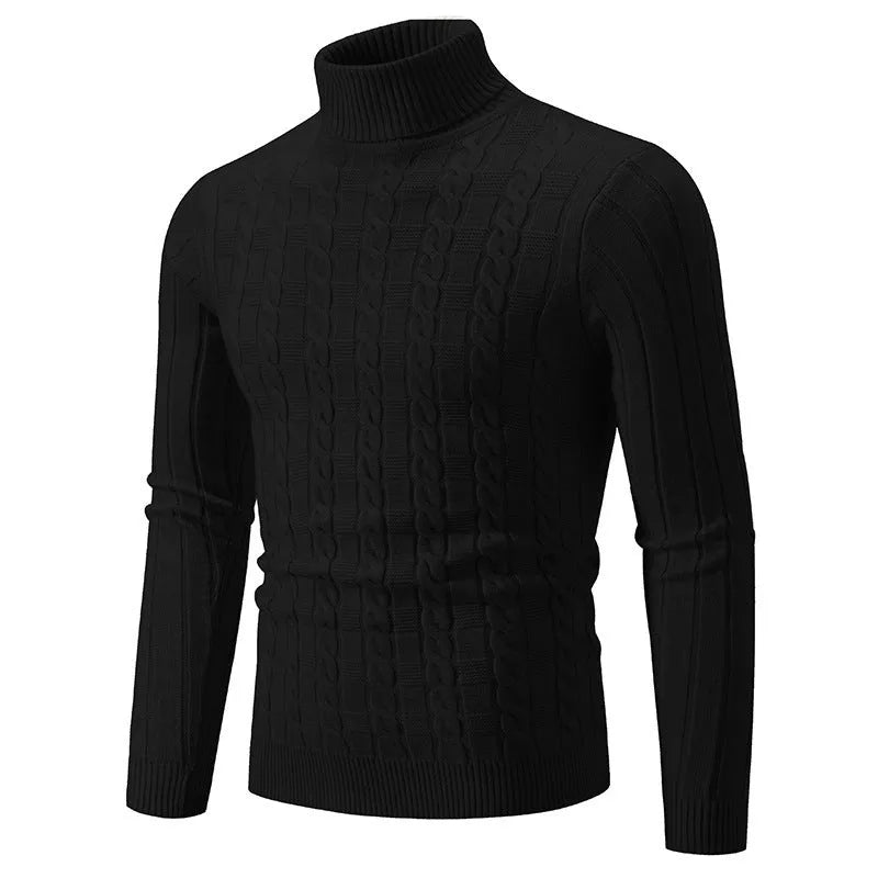 Men's slim fit turtleneck pullover jumper in spandex chenille fabric on a model.
