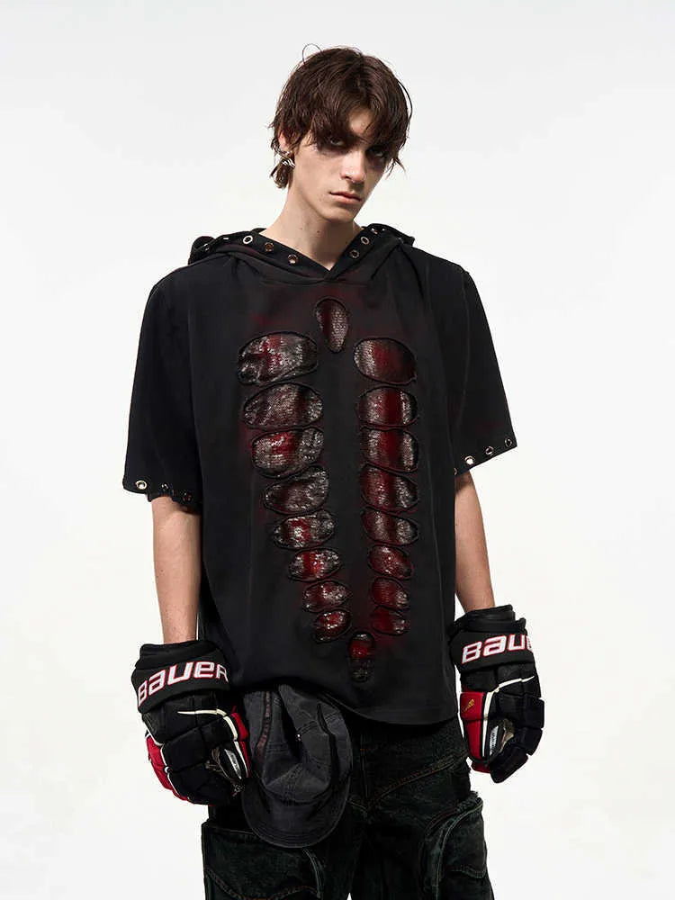Black men's hooded T-shirt with sequin detailing and short sleeves