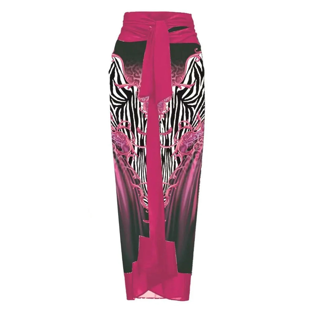 Women's polyester one-piece swimsuit with printed floral design and wrap skirt option