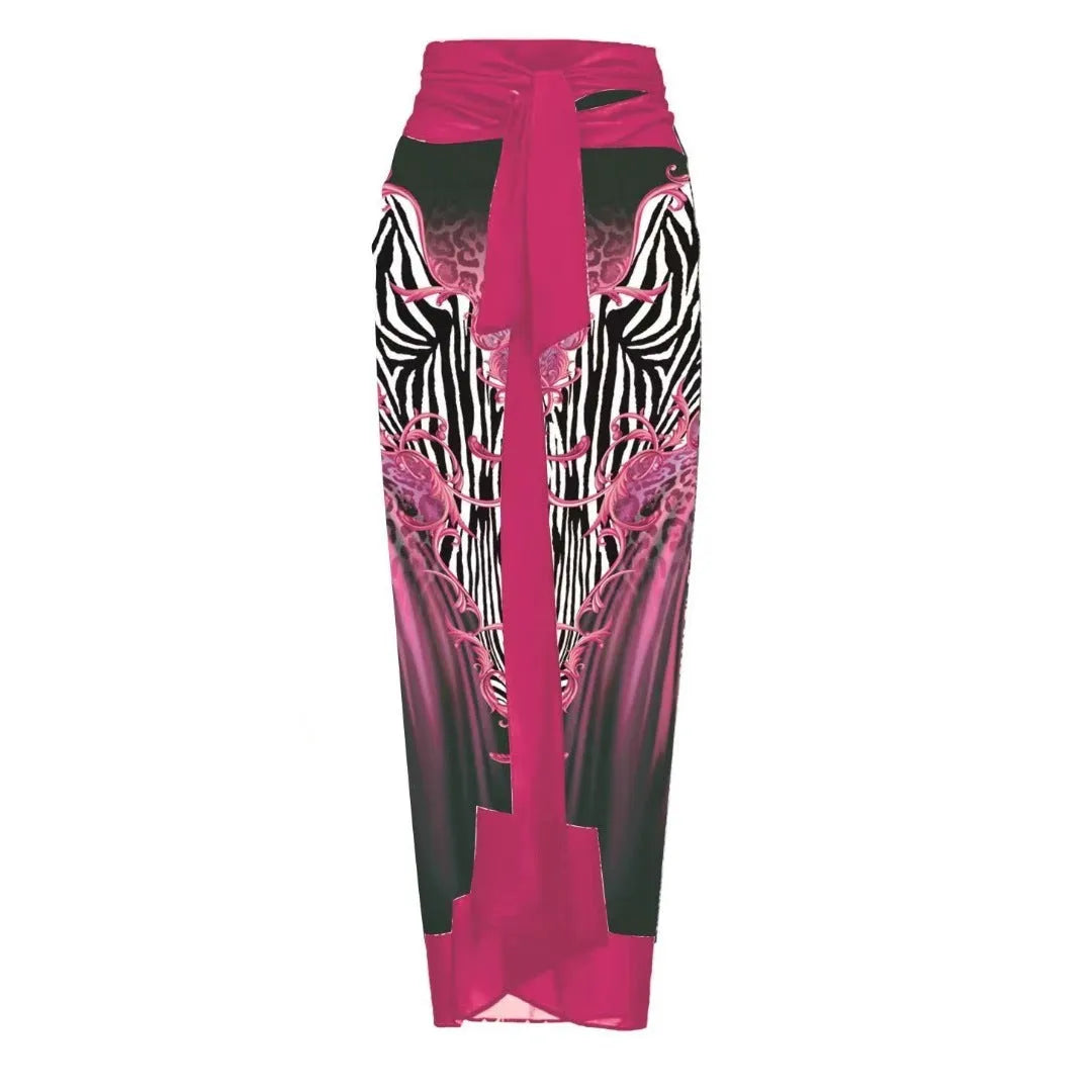 Women's polyester one-piece swimsuit with printed floral design and wrap skirt option