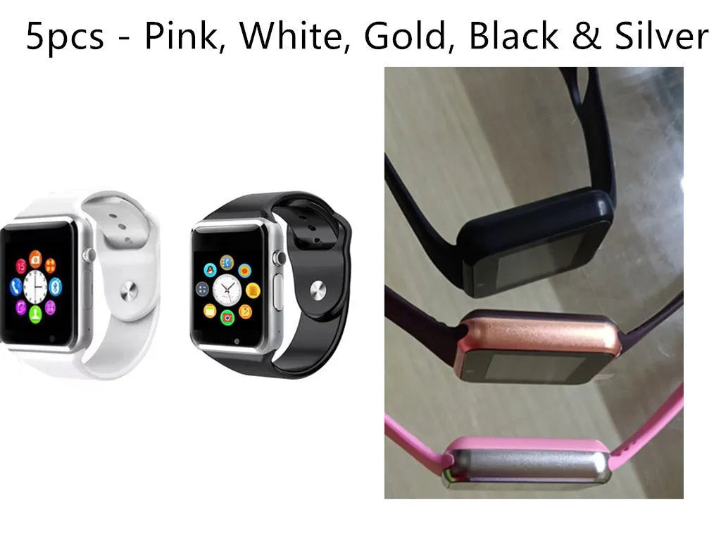 A1 Smart Watch for Android with 1.54-inch screen, Bluetooth, GSM SIM slot, and camera in multiple colours.