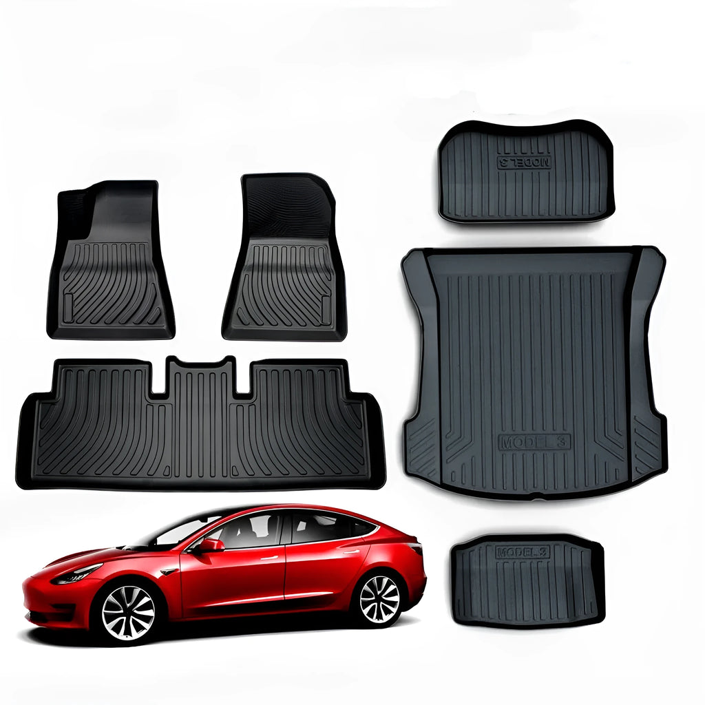 Set of black rubber floor mats for a Tesla car interior