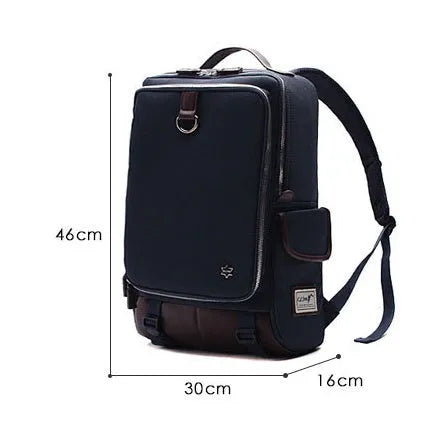 Modern men's Oxford cloth backpack in seven colour options showing 30x16x46cm dimensions