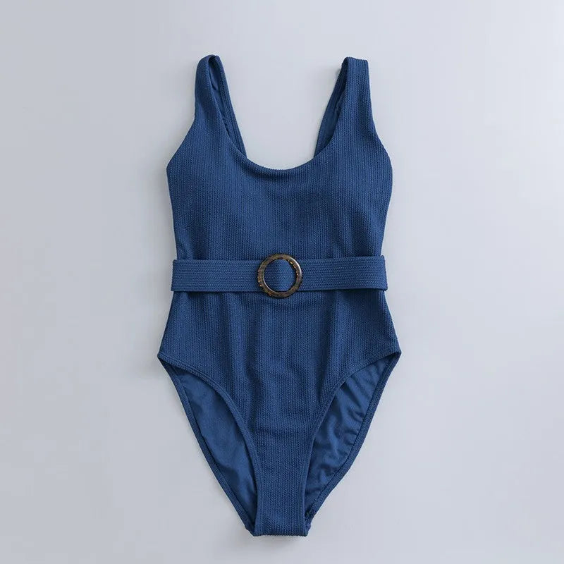 Navy blue women's one-piece slimming swimsuit with triangle design and chest pad support