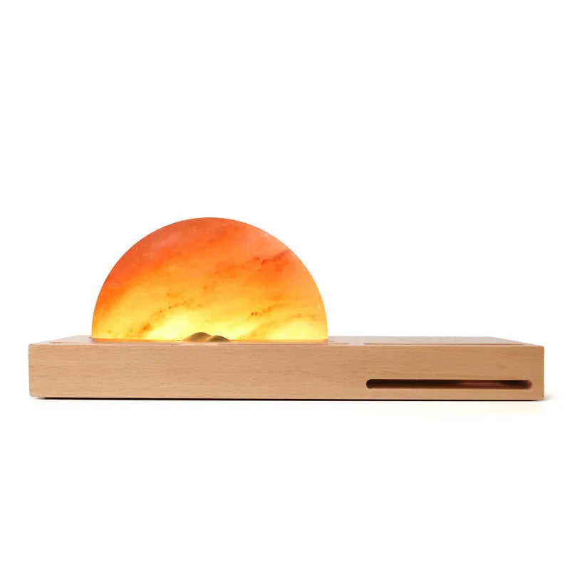 Sunrise Oriental salt lamp with beech wood base, natural salt block, and Qi wireless charging pad
