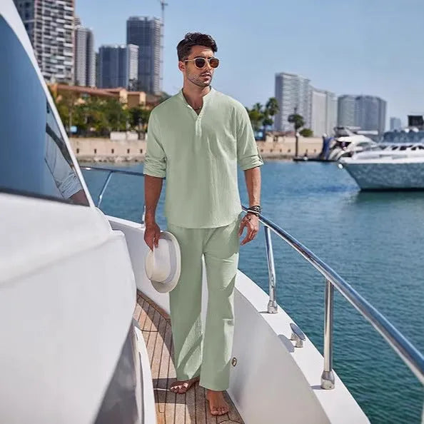 Cotton men's long sleeve trousers suit in solid colour for casual leisure wear