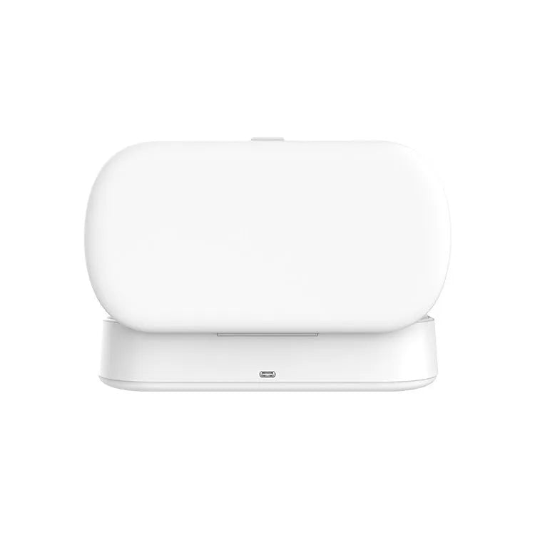 White portable UV steriliser box with wireless charging for phones and toothbrushes