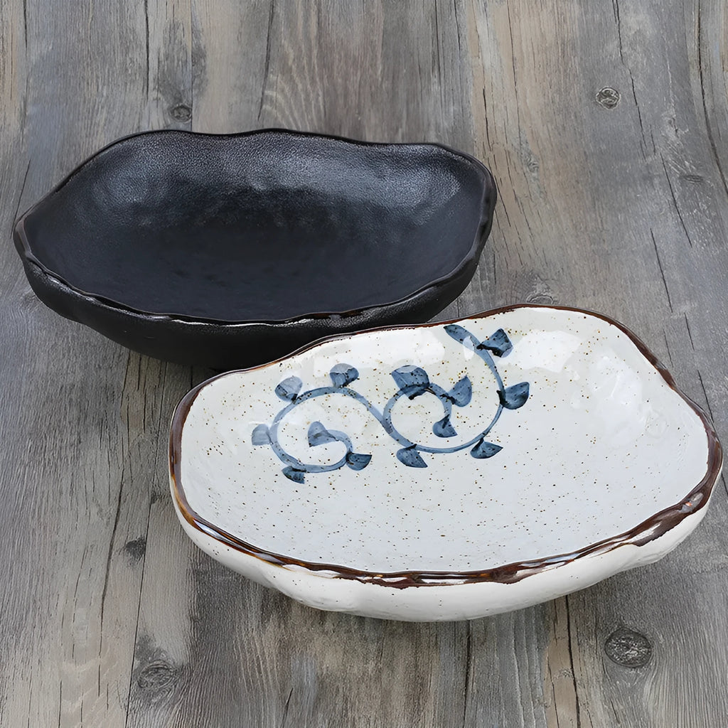 Japanese coarse pottery sashimi bowl set with irregular shaped ceramic tableware and floral decorations