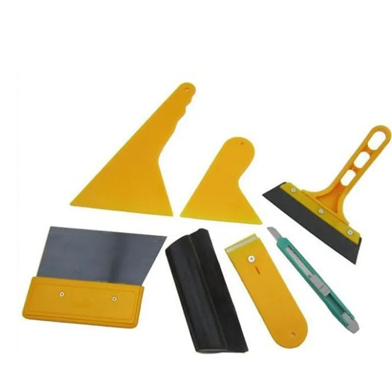 Seven-piece car foil tool set with scrapers, knives and pressing block for film installation