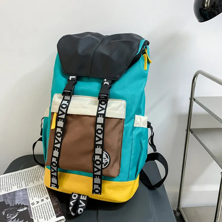 Oxford cloth student backpack showing three carrying methods in black, green and red colour options