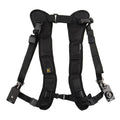Black professional dual SLR camera strap with shoulder pads shown holding two cameras.