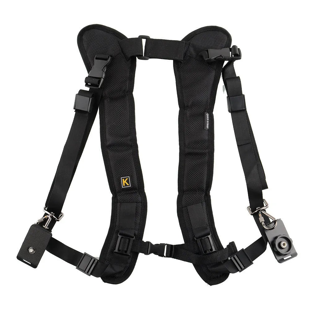 Black professional dual SLR camera strap with shoulder pads shown holding two cameras.