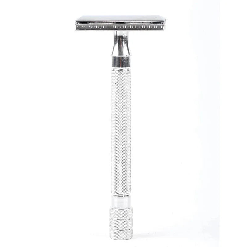 Traditional manual pogonotomy metal shaver scraper and brush set in black or silver finish
