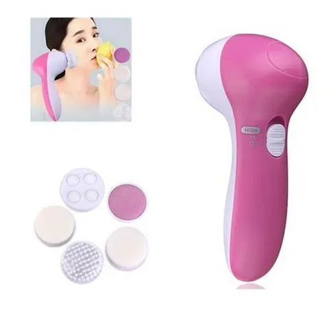 Pink electric facial cleanser with soft brush attachment and roller massager on white background, compact size