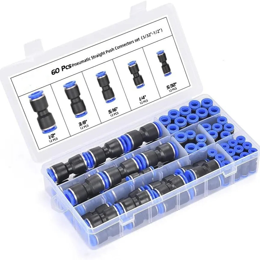 60 piece pneumatic push-in connector set with R1/4 and R1/2 alloy plastic adapters