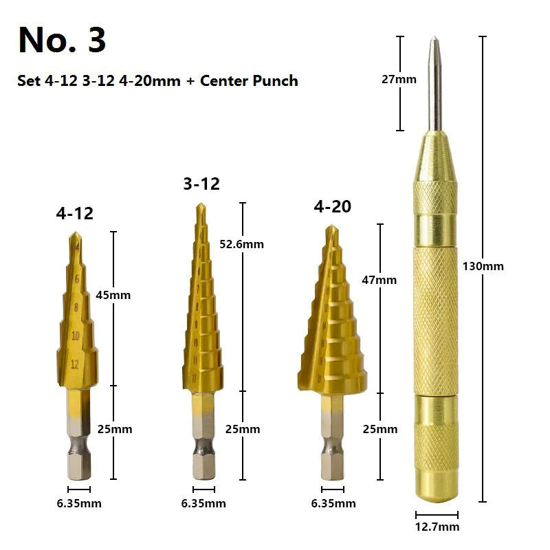 High speed steel cone step drill bit and centre punch set for metalworking.