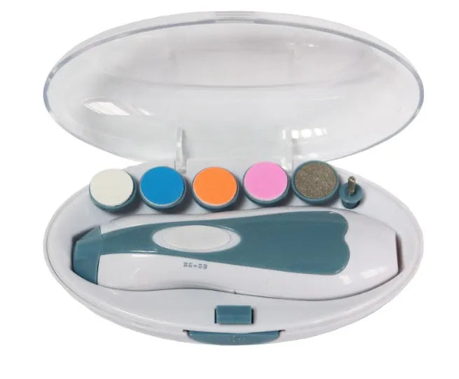 Blue electric baby nail polisher tool with rounded head for infant and toddler grooming