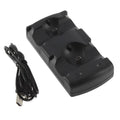 Black plastic dual USB charging dock for PlayStation 3 controllers and Move navigation controllers.