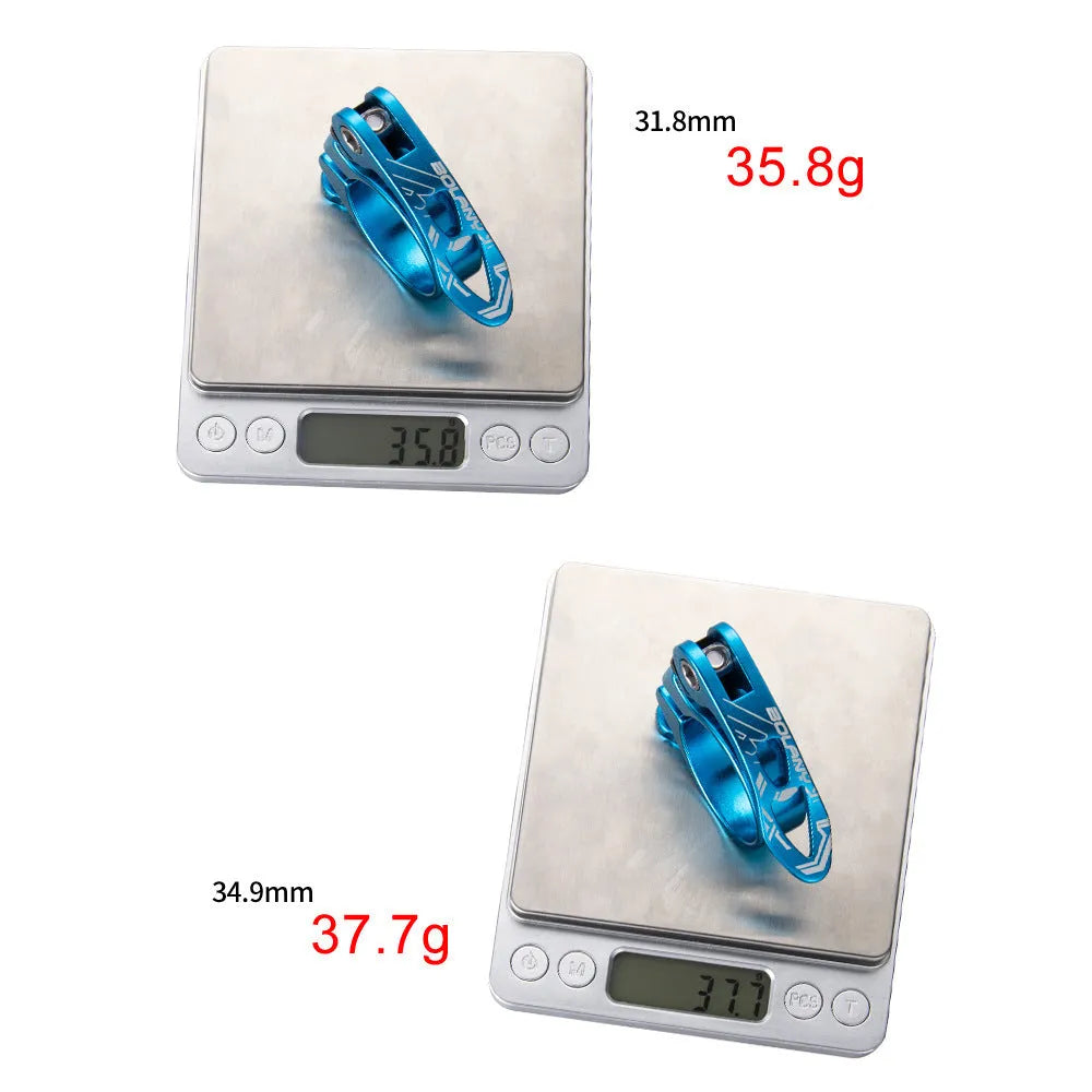 Aluminium mountain bicycle seat post clamp in black, blue, gold, or red.