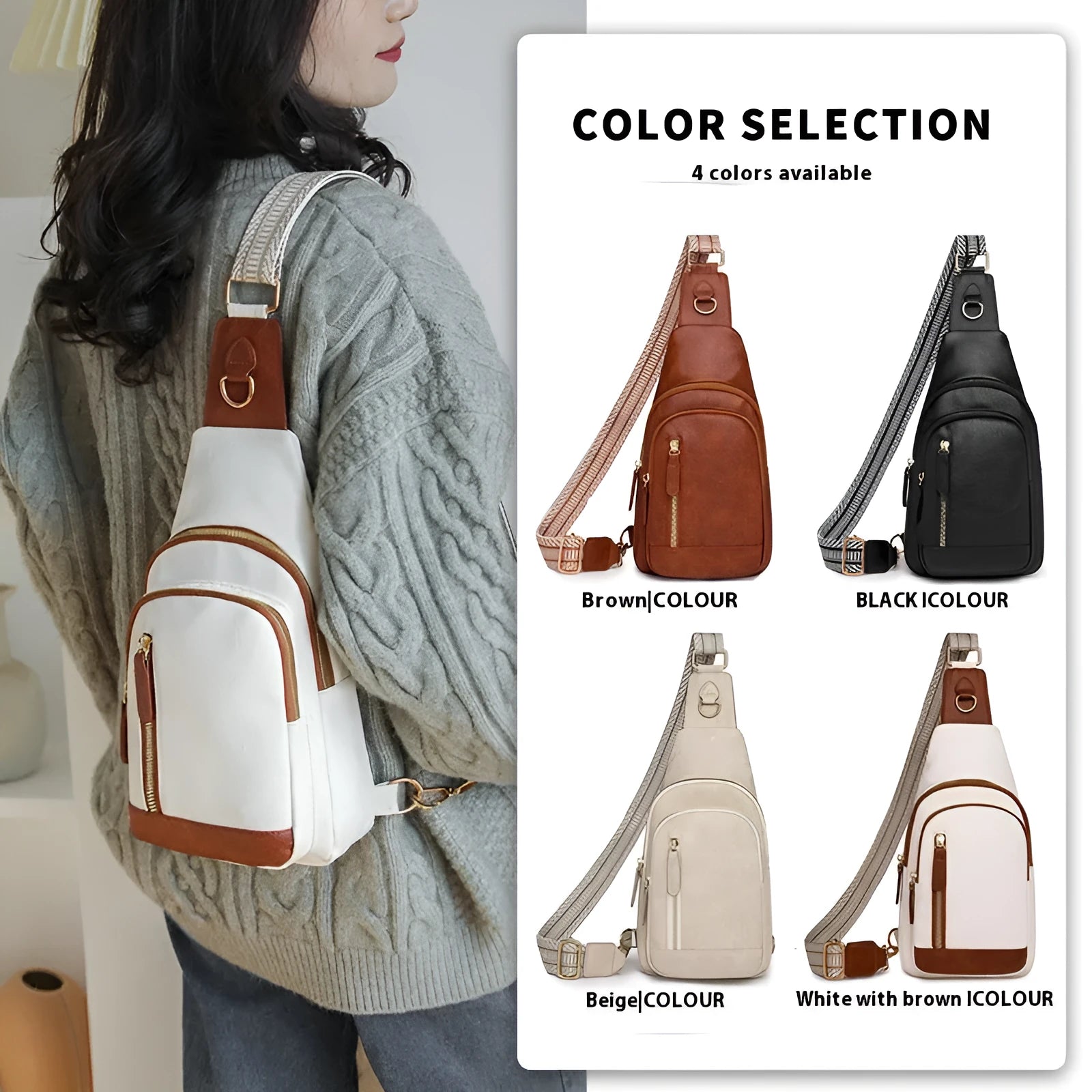 Women's small chest messenger bag in soft PU leather with open pocket and sewing thread detailing
