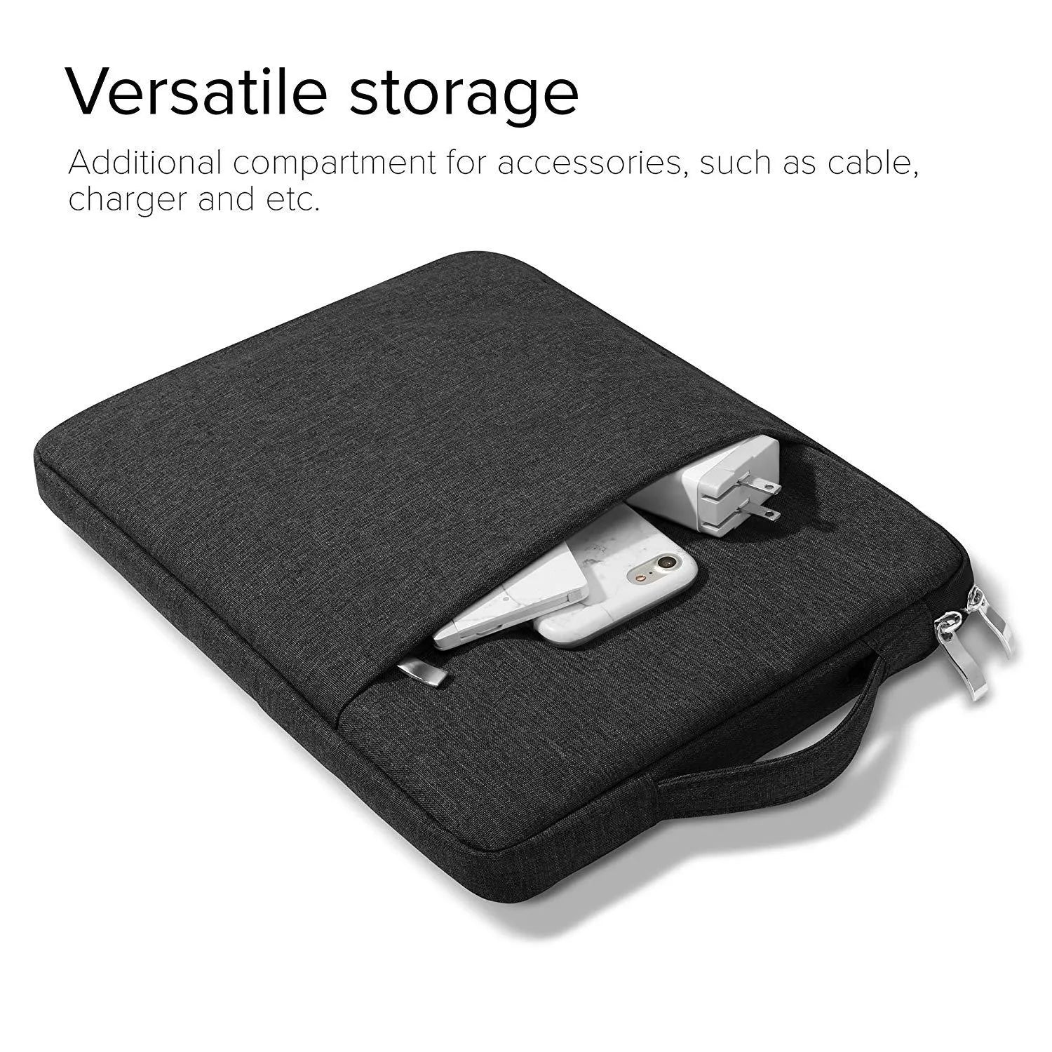 Canvas handbag-style protective case for a Pro 12.9 tablet in grey, light grey, navy, and rose red colour options.