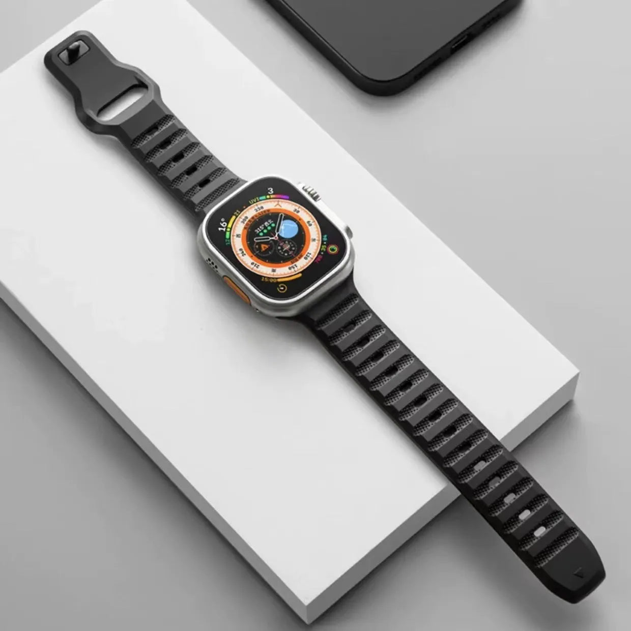 Fluoro rubber Apple Watch replacement strap in multiple colours with T buckle, compatible with Ultra and Series 8 to 1 models.
