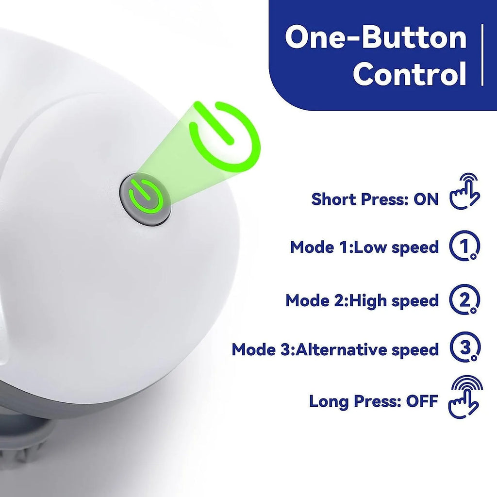 Blue electric handheld pet massager with four rotating heads on a white background.