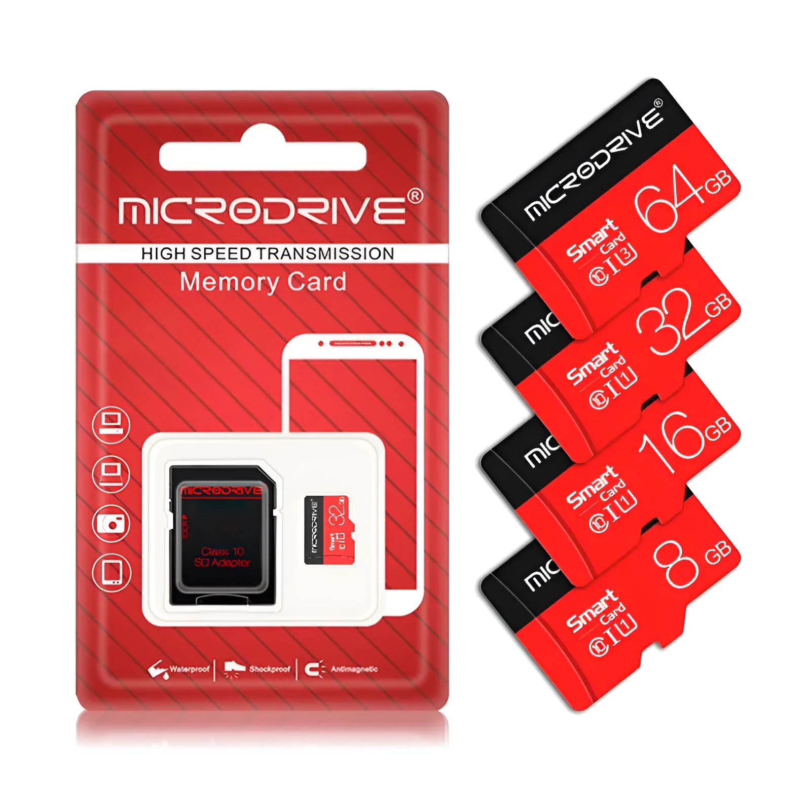 TF micro-SD memory card Class 10 with capacities 4GB to 256GB and an SD card holder for camera drone or smartphone