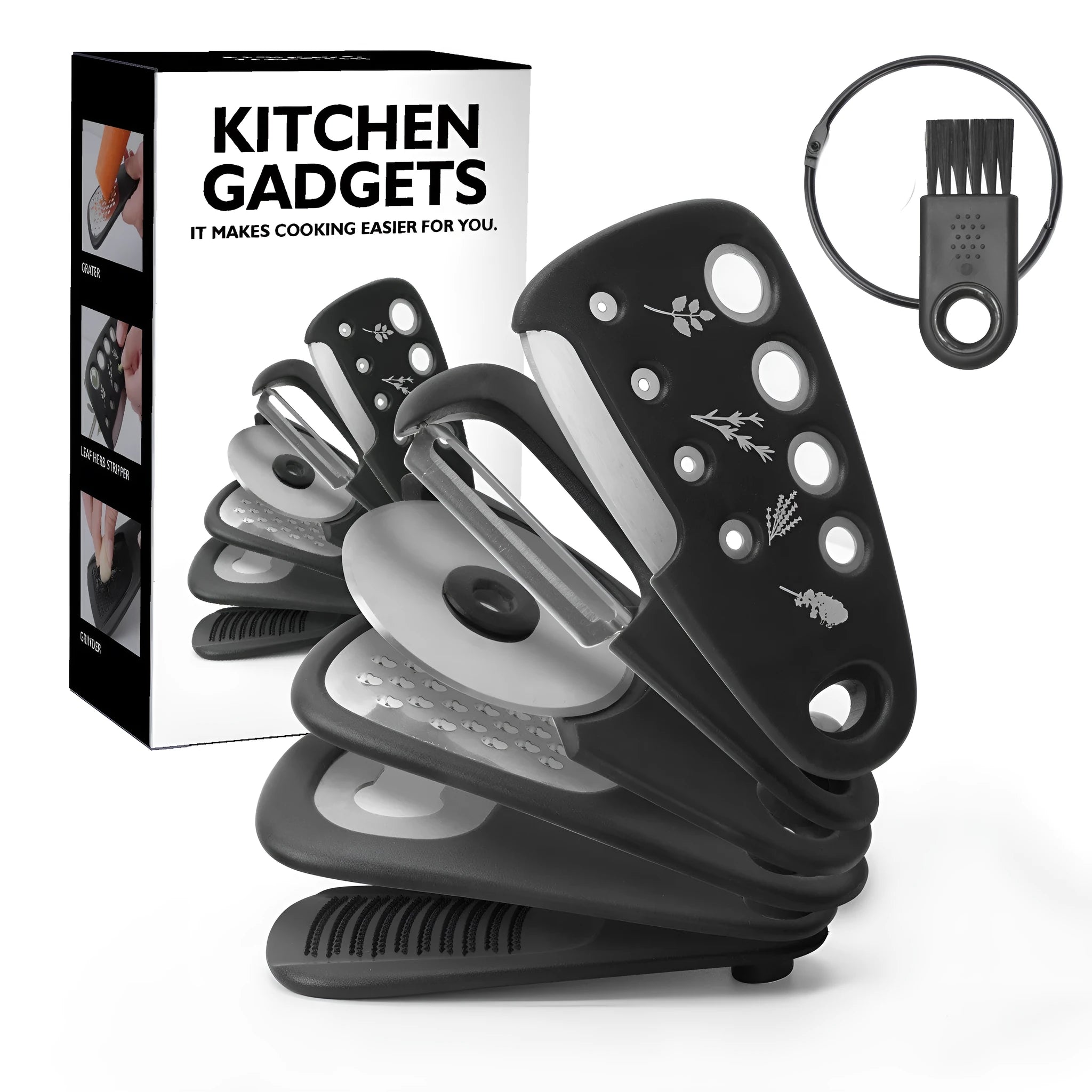 Stackable kitchen gadget set of six utensils and a brush in colour box packaging, PP and stainless steel construction