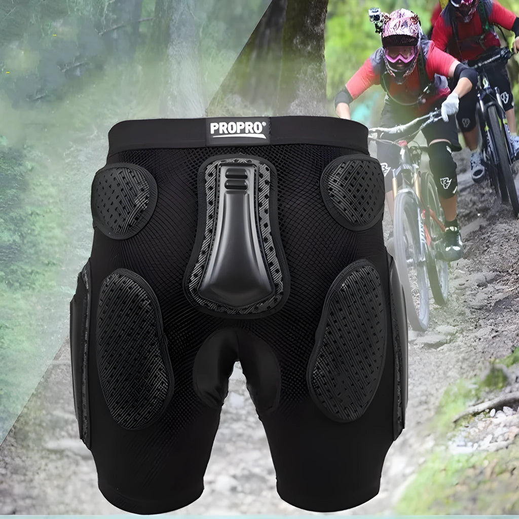 Black cycling hip pad protective pants with integrated protection for multi-sport use