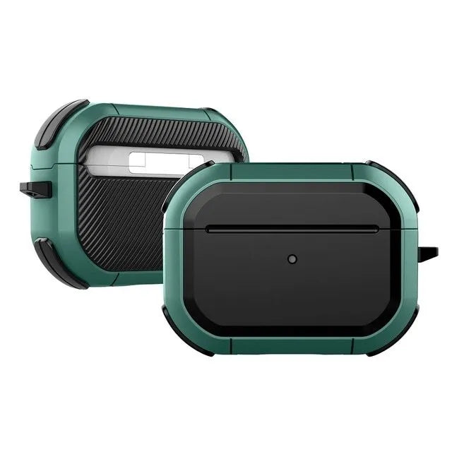 Hard protective shell case for Apple AirPods shown in multiple colours: black, red, pink, green, and yellow.