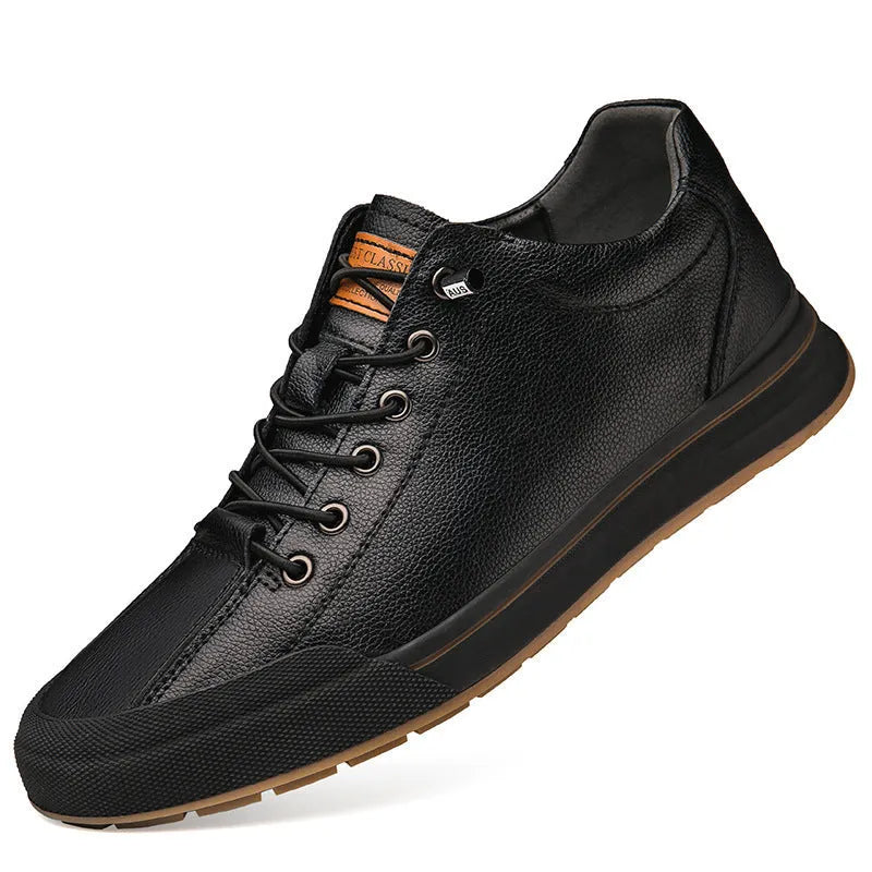 Men's white leather casual trainers with round toe and flat heel on size chart