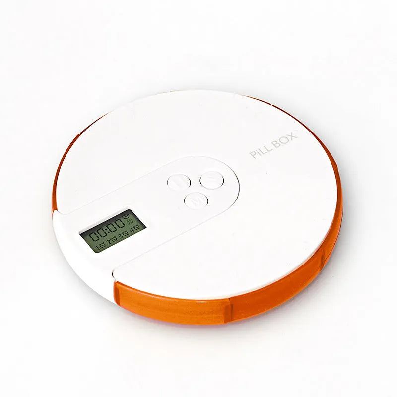 7-compartment alarm clock pill dispenser with programmable timer showing eight colour options