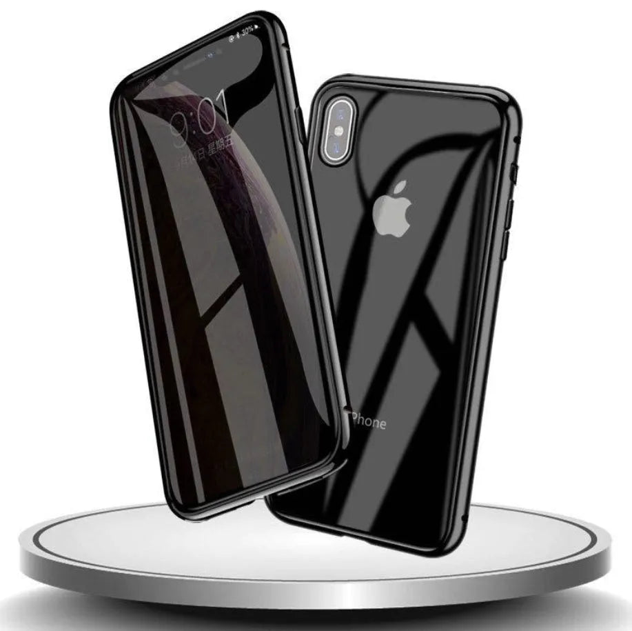 Glass anti-spy mobile phone case for iPhone with clamshell design and geometric pattern in multiple colours.