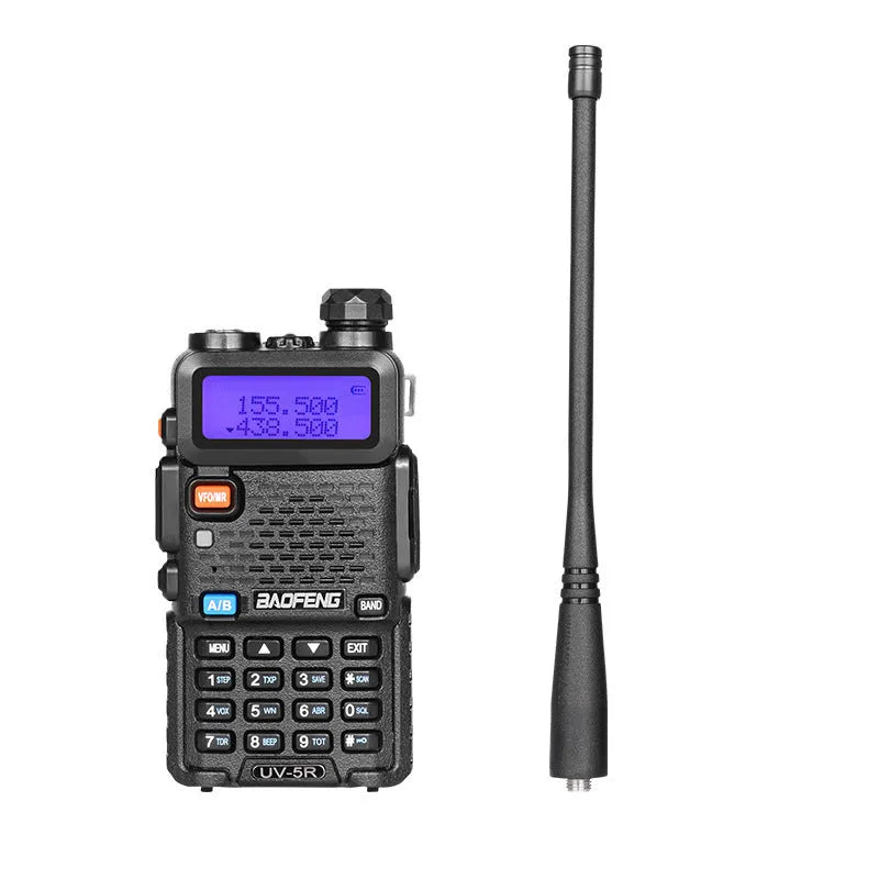 Compact black VHF/UHF walkie talkie with 128 channels and 5-10 km range