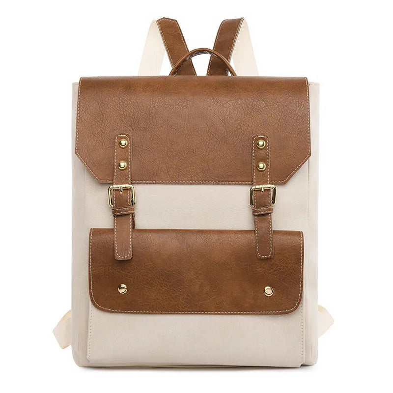 Korean style retro backpack in soft PU material, shown in creamy white colour.