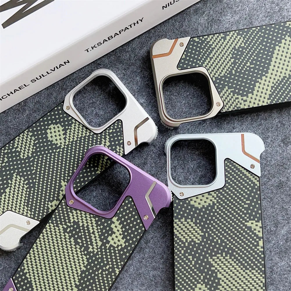 Camouflage carbon fibre pattern aluminium alloy phone case for Galaxy S25 Ultra with magnetic bracket, black colour