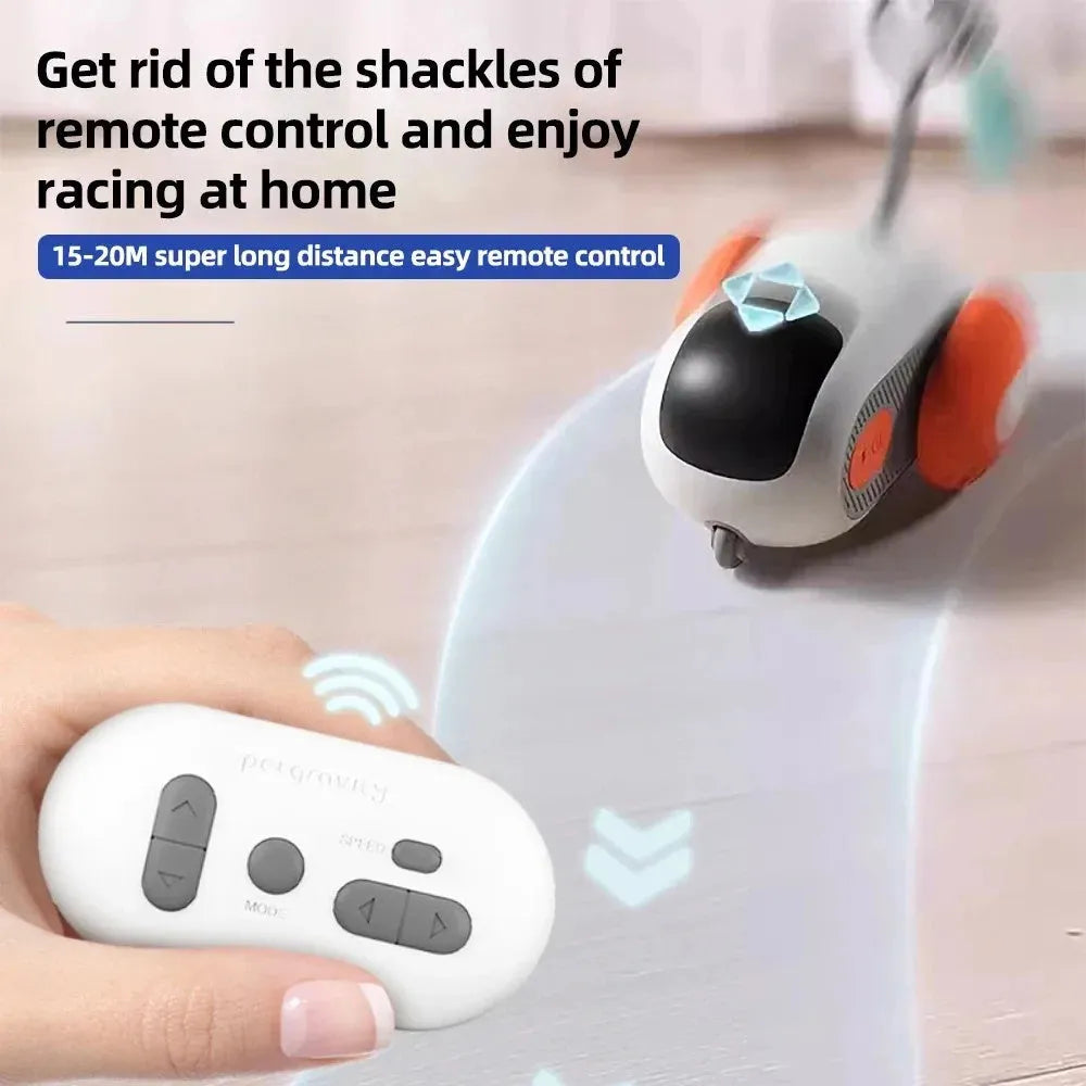 Smart cat toy car with feather teaser in blue, USB rechargeable, remote controlled