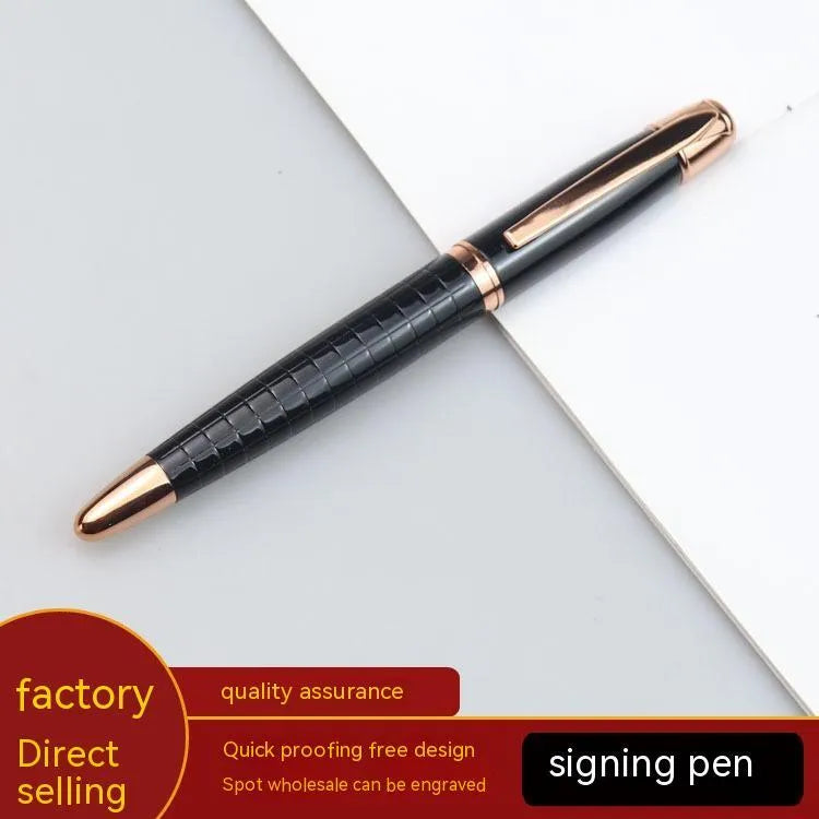 Business metal roller pen gun gray with black refill on white background, 13.5cm length