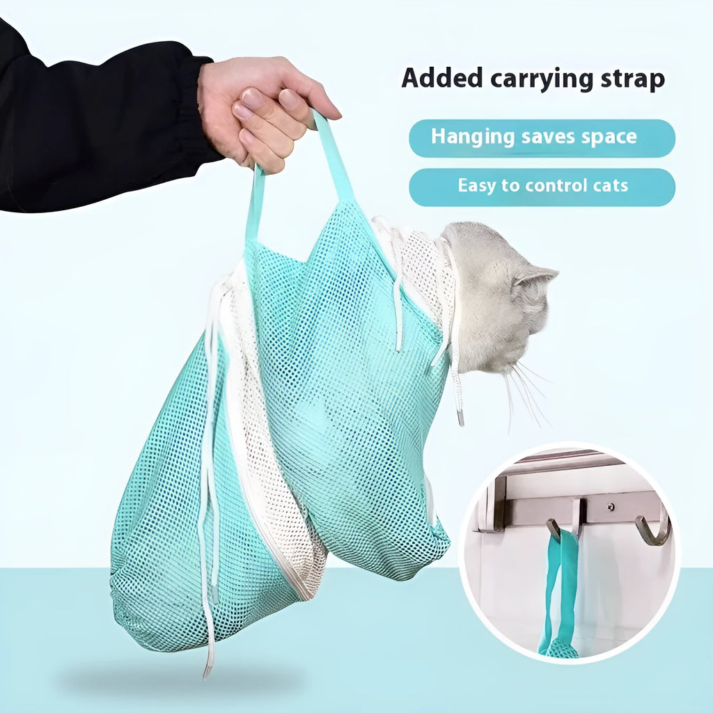 Cat grooming bag with zipper closure and detachable mesh panels for secure pet containment