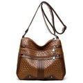 Multi-compartment woven PU messenger bag in brown, horizontal shape with single shoulder strap