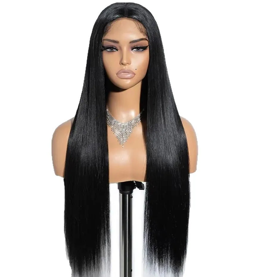 A long, straight, glueless human hair wig with side bangs, shown in a dark colour.