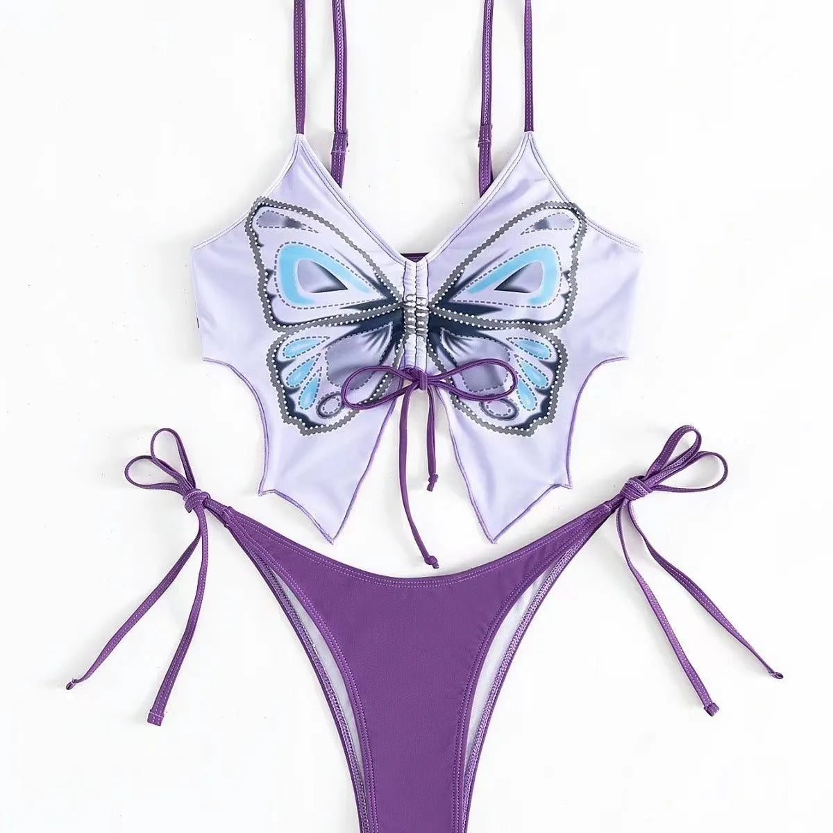 Purple women's bikini suit with bow ins style detail, showing sleeveless top and high-leg briefs.