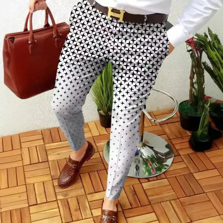 Men's 3D printed plaid casual trousers with elastic fabric for autumn and winter wear